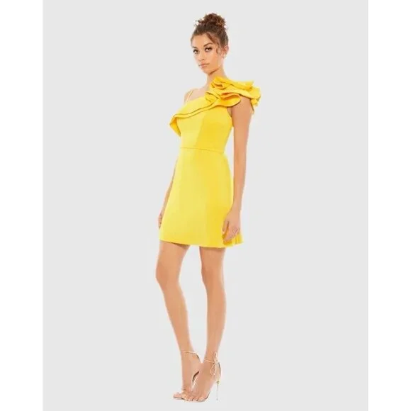 Mac Duggal Size 0 Yellow One Shoulder Ruffle Mini Sheath Cocktail Dress New - Picture 12 of 12
